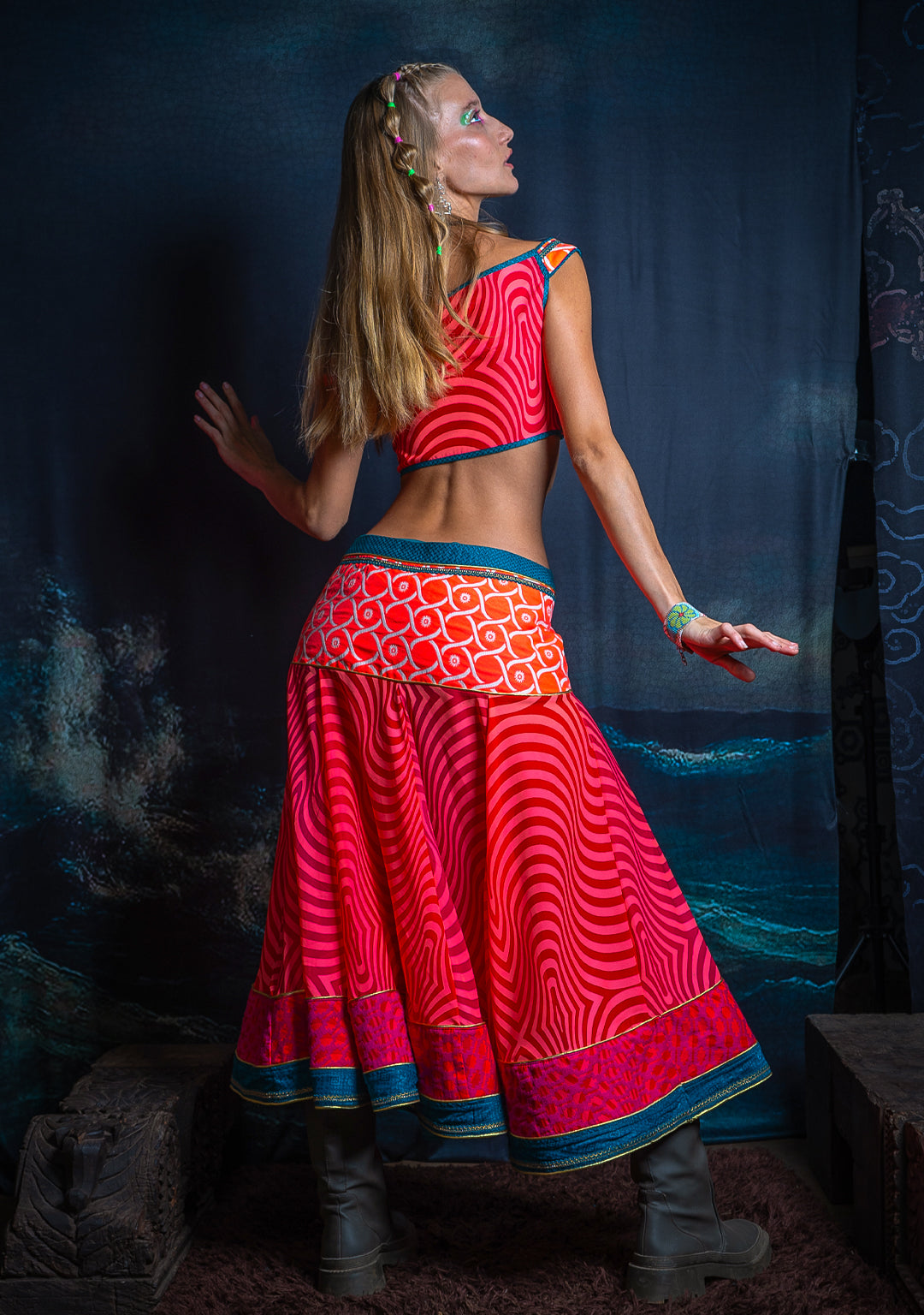 Choli & Skirt Woman Combo / Jaquard & Voile - PINKORANGE MADNESS